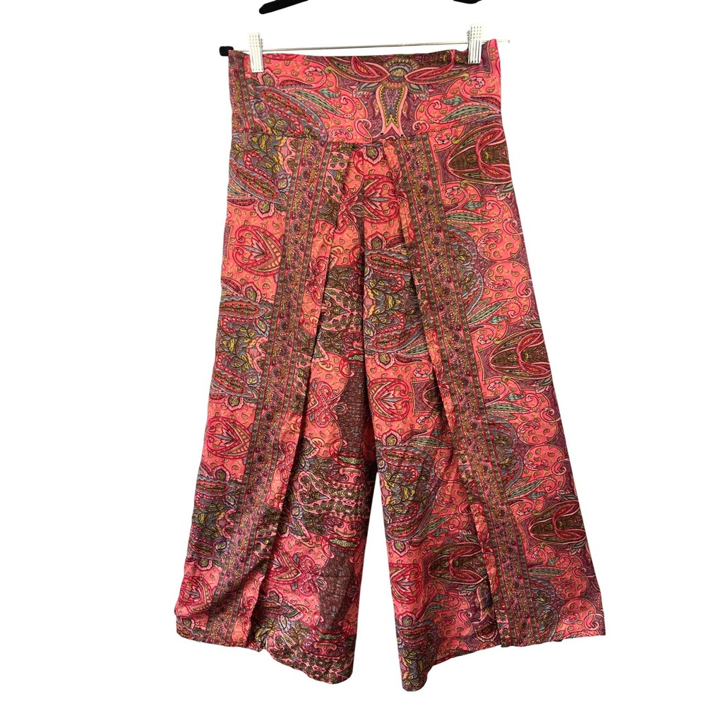 Silk Pink Paisley Split Leg Palazzo Pullon Pants Vacation Resortwear Boho Chic